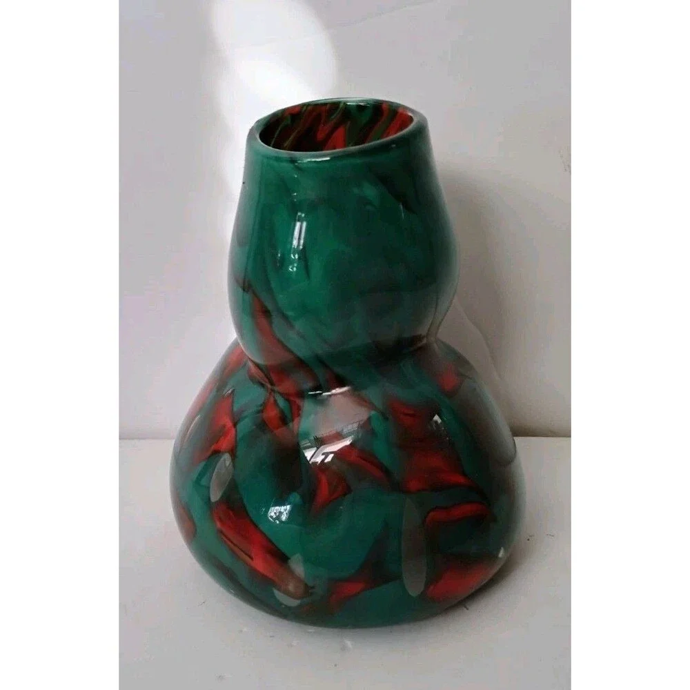 Vintage Hand Blown Swirl Art Glass Vase Emerald Green Crimson Signed Val 00